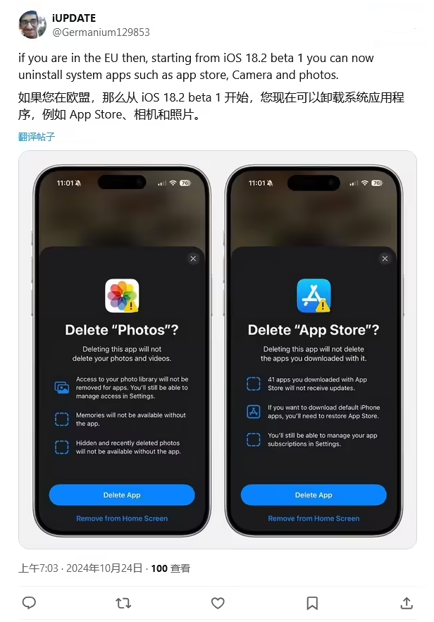 凤凰镇苹果手机维修分享iOS 18.2 支持删除 App Store 应用商店 