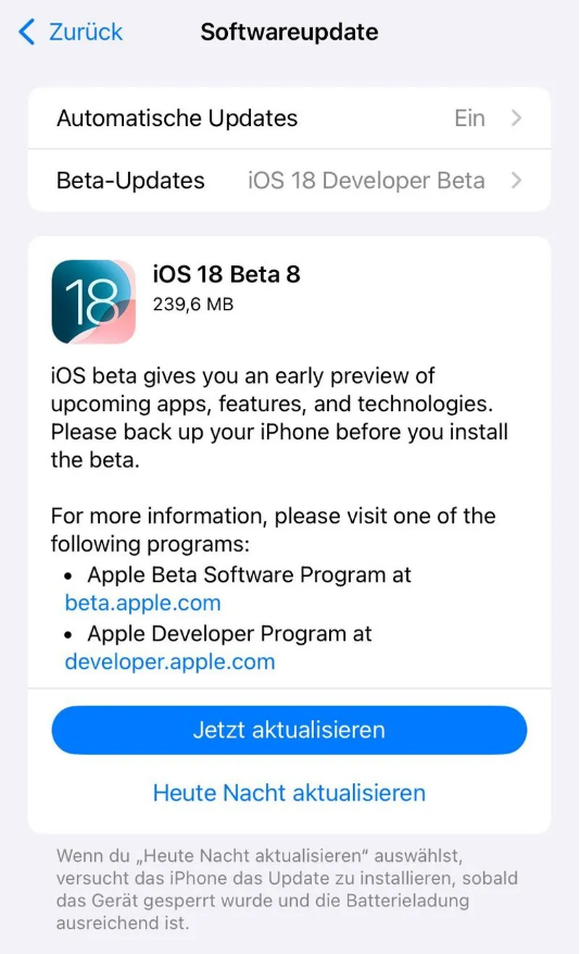 凤凰镇苹果手机维修分享苹果 iOS / iPadOS 18 开发者预览版 Beta 8 发布 